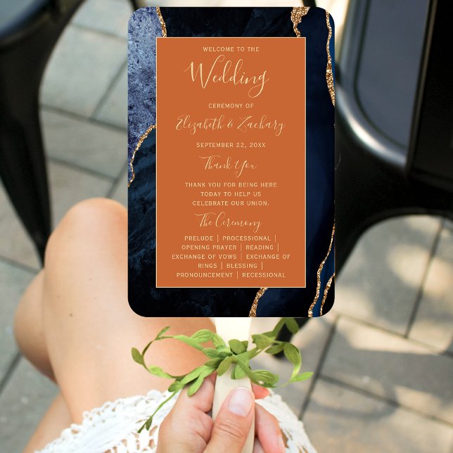 Navy Blue Gold Agate Burnt Orange Wedding Program Hand Fan (Creator Uploaded)