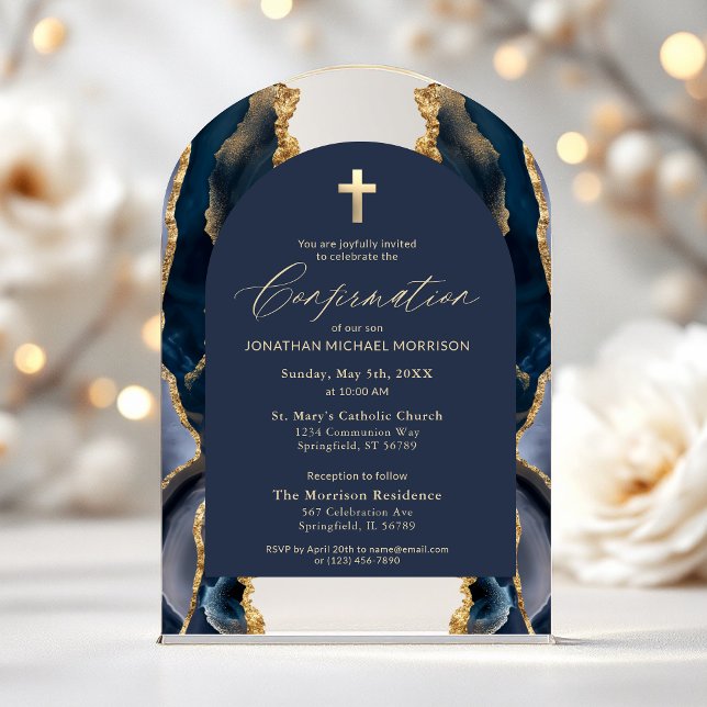 Navy Blue Gold Agate Confirmation Modern Elegant Acrylic Invitations (Creator Uploaded)