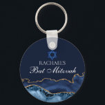Navy Blue Gold Agate Custom Bat Mitzvah Party Key Ring<br><div class="desc">Elegant navy blue and gold agate decorates the side of this modern Bat Mitzvah party favour keychain. Your daughter's name is written in beautiful formal script under the Star of David. Perfect for a chic,  stylish Jewish family celebrating their girl  being called to the Torah.</div>
