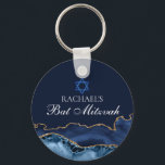 Navy Blue Gold Agate Custom Bat Mitzvah Party Key Ring<br><div class="desc">Elegant navy blue and gold agate decorates the side of this modern Bat Mitzvah party favour keychain. Your daughter's name is written in beautiful formal script under the Star of David. Perfect for a chic,  stylish Jewish family celebrating their girl  being called to the Torah.</div>