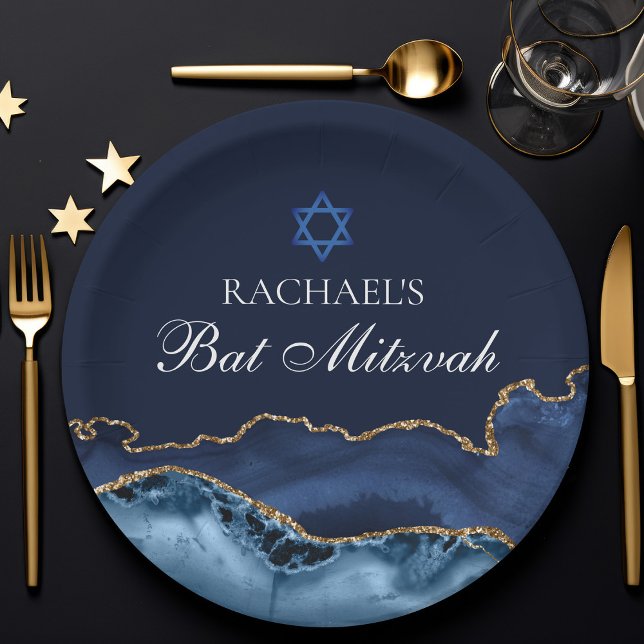 Navy Blue Gold Agate Custom Bat Mitzvah Party Paper Plate (Creator Uploaded)