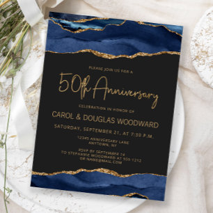 Navy Blue Gold Agate Dark 50th Anniversary Postcard