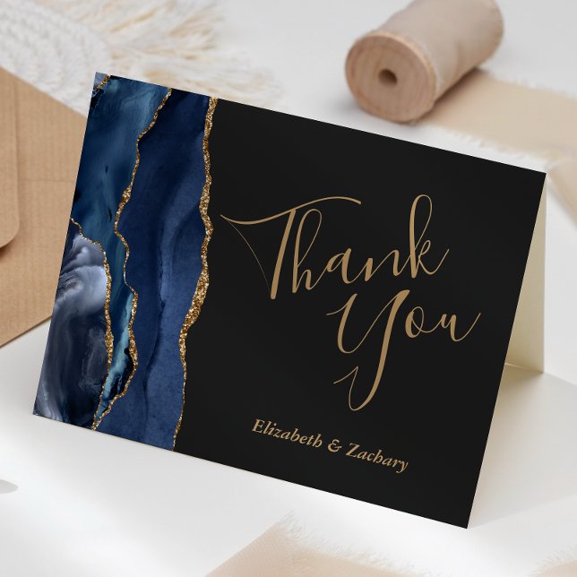 Navy Blue Gold Agate Dark Wedding Thank You Card (Creator Uploaded)