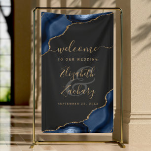Navy Blue Gold Agate Dark Wedding Welcome Banner