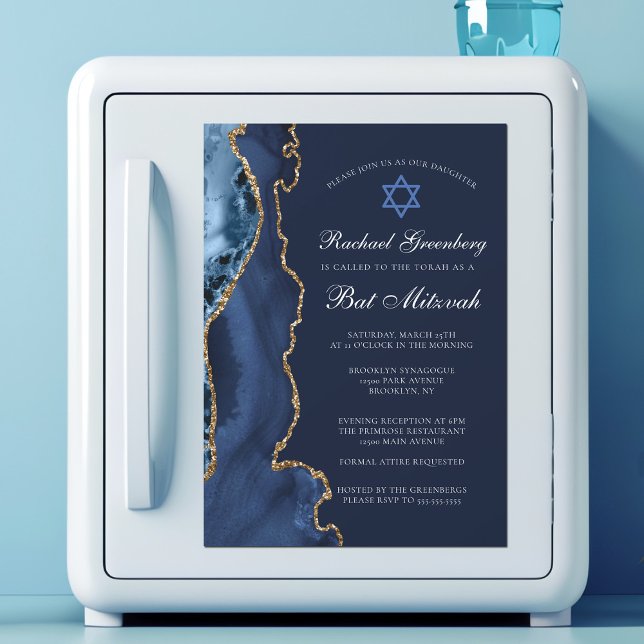 Navy Blue Gold Agate Elegant Bat Mitzvah Party Magnetic Invitation (Creator Uploaded)