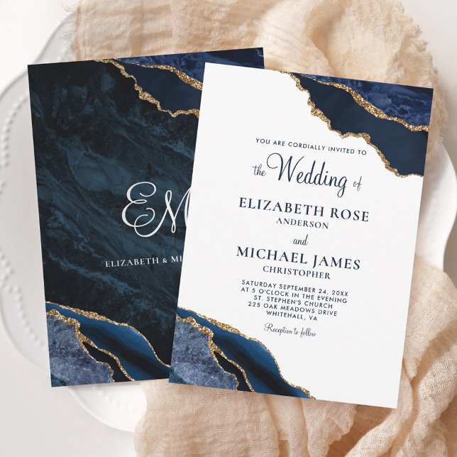 Navy Blue Gold Agate Elegant Wedding Invitation (Creator Uploaded)