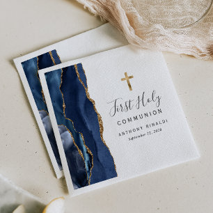 Navy Blue Gold Agate First Holy Communion Napkin