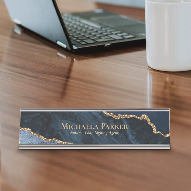 Navy Blue Gold Agate Geode Elegant Business Desk Name Plate (Creator Uploaded)
