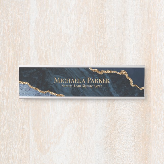 Navy Blue Gold Agate Geode Elegant Business Door Sign (Front)