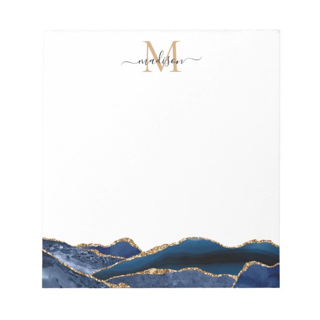 Navy Blue Gold Agate Geode Girly Script Monogram Notepad (Front)