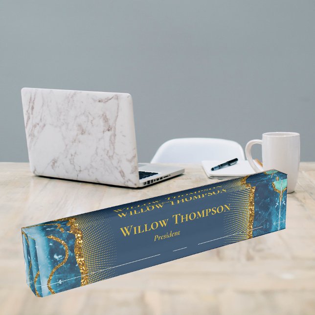 Navy Blue & Gold Agate Geode Glitter Elegant Nameplate (Navy Blue & Gold Agate Geode Glitter Desk Name Plate)
