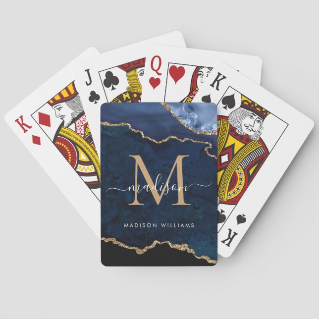 Navy Blue Gold Agate Geode Glitter Monogram Playing Cards (Back)