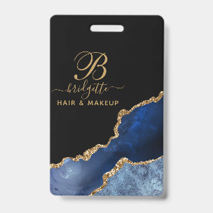 Navy Blue Gold Agate Geode Makeup Artist Monogram ID Badge