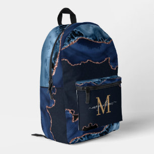 Navy Blue Gold Agate Geode Monogram Script Name   Printed Backpack