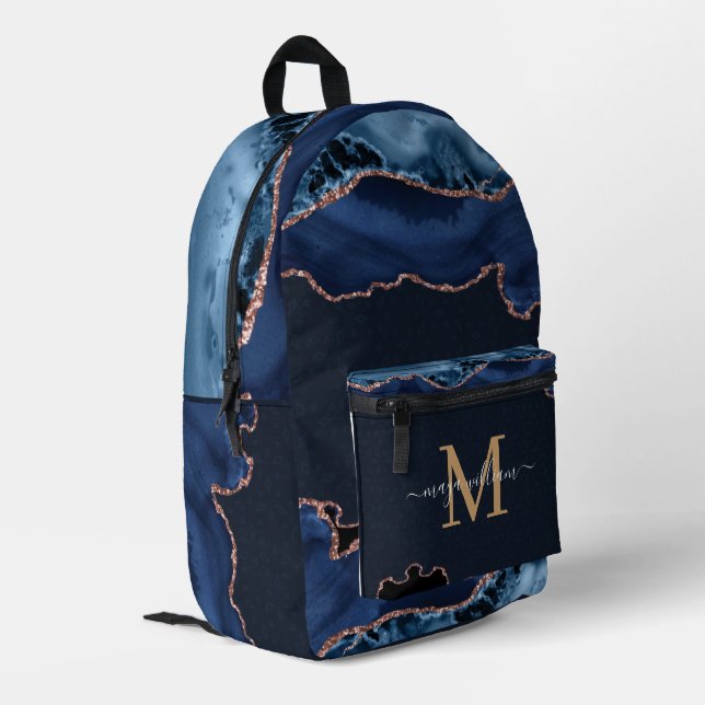 Navy Blue Gold Agate Geode Monogram Script Name   Printed Backpack (Back Corner Left)