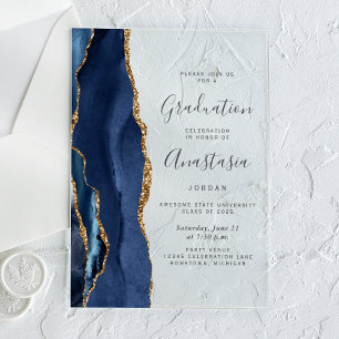 Navy Blue Gold Agate Grey Text Graduation Acrylic Invitations