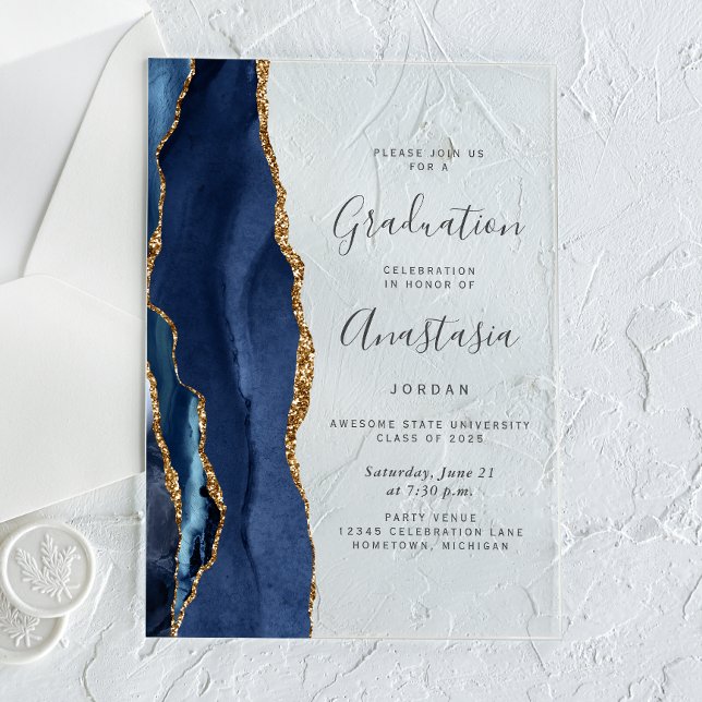 Navy Blue Gold Agate Grey Text Graduation Acrylic Invitations (Creator Uploaded)