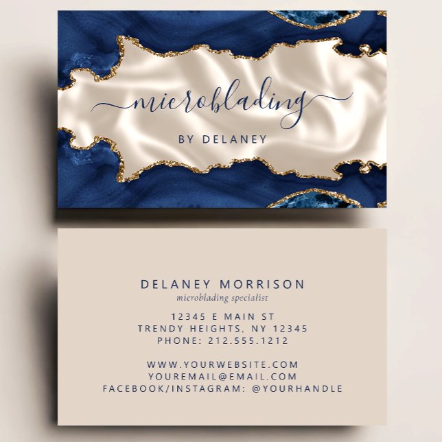 Navy Blue Gold Agate Ivory Luxury Microblading Business Card (Creator Uploaded)
