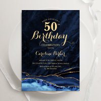 Navy Blue Gold Agate Marble 50th Birthday