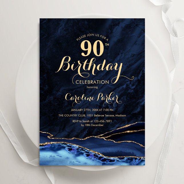 Navy Blue Gold Agate Marble 90th Birthday Invitation (Creator Uploaded)