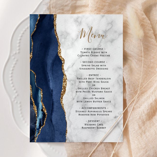 Navy Blue Gold Agate Marble Wedding Menu (Creator Uploaded)