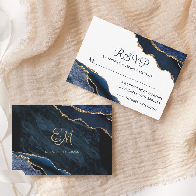 Navy Blue Gold Agate Marble Wedding Monogram RSVP Card (Creator Uploaded)