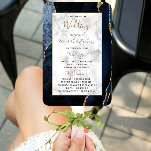 Navy Blue Gold Agate Marble Wedding Program Hand Fan (Creator Uploaded)