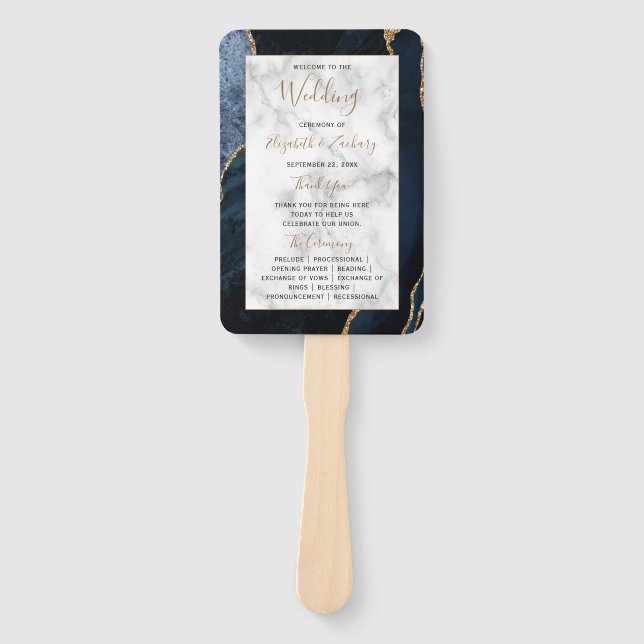 Navy Blue Gold Agate Marble Wedding Program Hand Fan (Front)