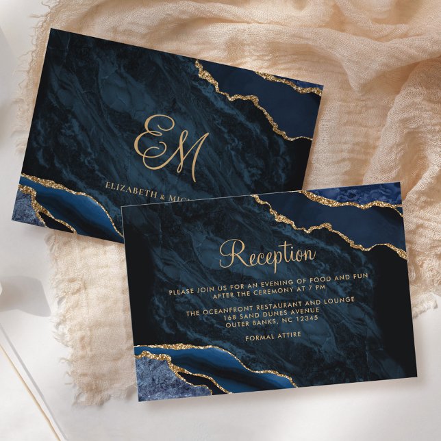 Navy Blue Gold Agate Marble Wedding Reception Enclosure Card (Creator Uploaded)