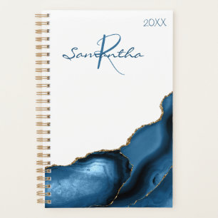 Navy Blue Gold Agate Marble Yearly Monogram Planner
