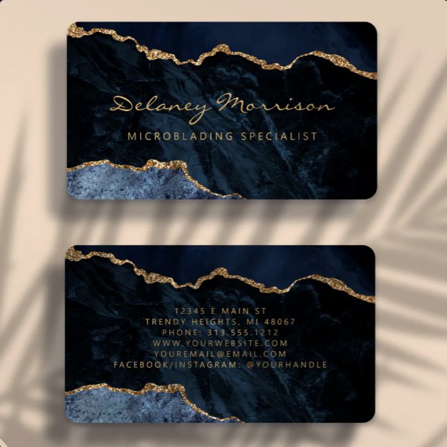 Navy Blue Gold Agate Microblading Rounded Business Card (Creator Uploaded)