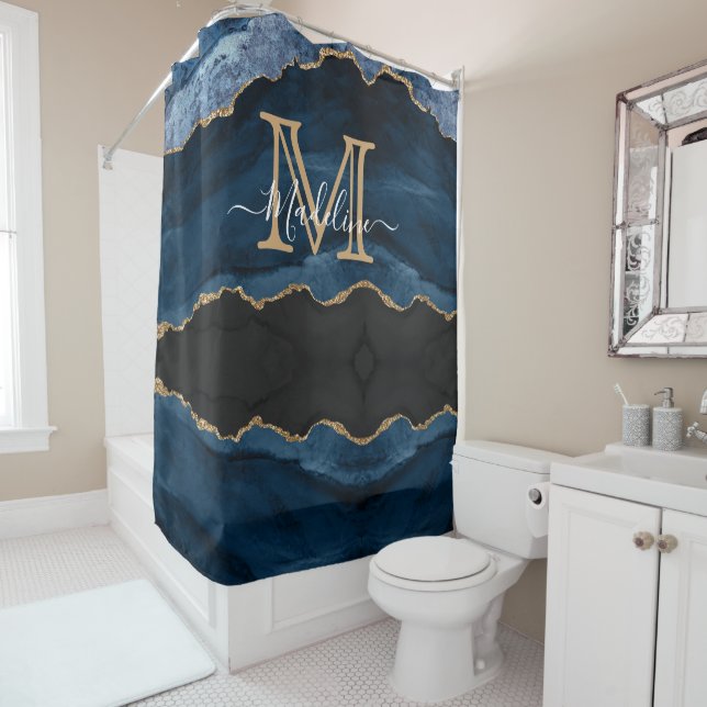 Navy Blue Gold Agate Monogram Name Script Initial Shower Curtain (In Situ)