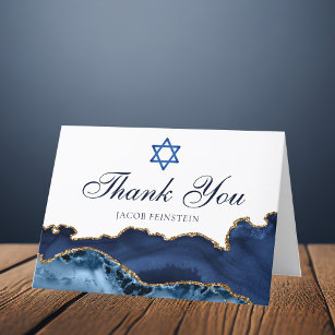 Navy Blue Gold Agate Personalised Bar Mitzvah Thank You Card