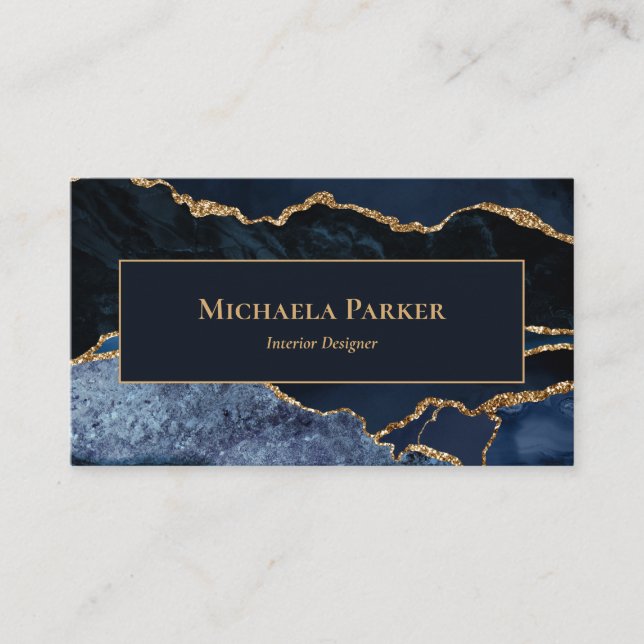 Navy Blue Gold Agate Professional QR Code Business Card (Front)