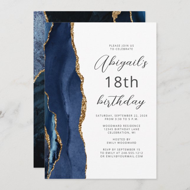 Navy Blue Gold Agate Script 18th Birthday Invitation (Front/Back)