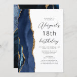 Navy Blue Gold Agate Script 18th Birthday Invitation<br><div class="desc">The left-hand edge of this elegant modern birthday party invitation features a navy blue watercolor agate border trimmed with gold faux glitter. The customisable text combines gold-coloured script and sans serif fonts on a white background. The reverse side features a matching blue and gold agate design.</div>