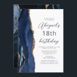 Navy Blue Gold Agate Script 18th Birthday Invitation<br><div class="desc">The left-hand edge of this elegant modern birthday party invitation features a navy blue watercolor agate border trimmed with gold faux glitter. The customisable text combines gold-coloured script and sans serif fonts on a white background. The reverse side features a matching blue and gold agate design.</div>