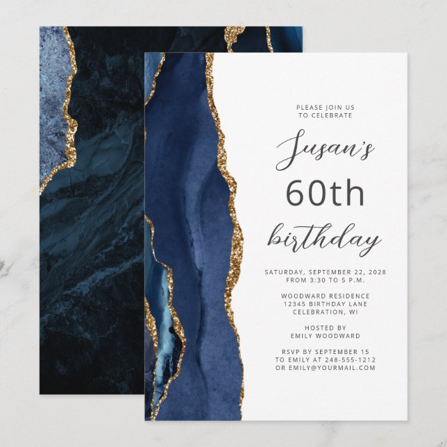 Navy Blue Gold Agate Script 60th Birthday Invitation (Front/Back)