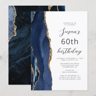 Navy Blue Gold Agate Script 60th Birthday Invitation