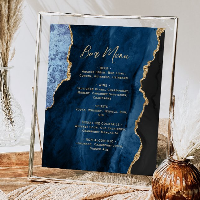 Navy Blue Gold Agate Script Wedding Bar Menu  Poster (Creator Uploaded)