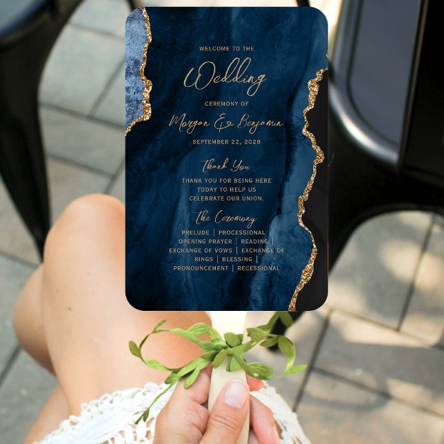 Navy Blue Gold Agate Script Wedding Program Hand Fan (Creator Uploaded)