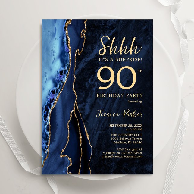 Navy Blue Gold Agate Surprise 90th Birthday Invitation (Creator Uploaded)