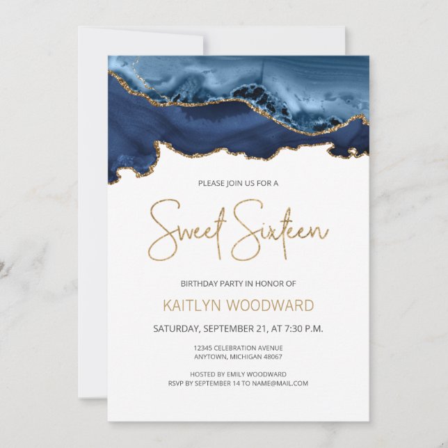 Navy Blue Gold Agate Sweet 16 Birthday Party Invitation (Front)
