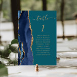 Navy Blue Gold Agate Teal Wedding Table Number<br><div class="desc">The left-hand edge of this elegant modern wedding table number card features a navy blue watercolor agate border trimmed with faux gold glitter. The word "table" appears in gold-coloured handwriting script on a teal blue background. Add the names of your guests who are assigned to each table.</div>