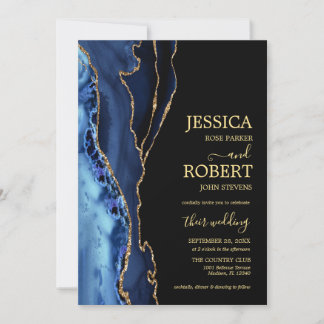 Navy Blue Gold Agate Wedding Invitation