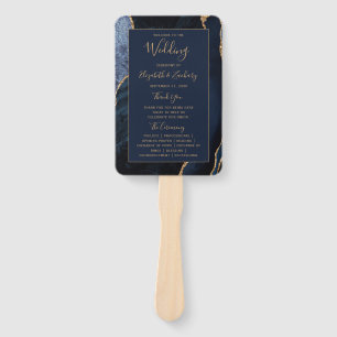 Navy Blue Gold Agate Wedding Program Hand Fan
