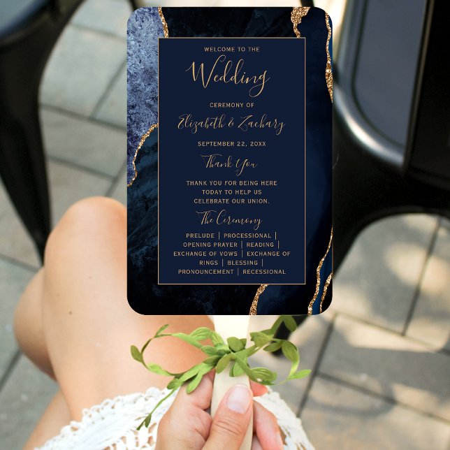 Navy Blue Gold Agate Wedding Program Hand Fan (Creator Uploaded)