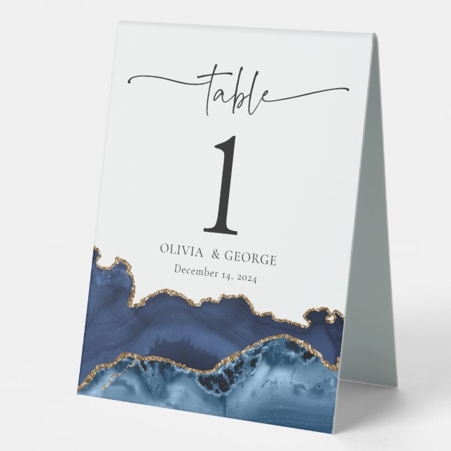 Navy Blue Gold Agate Wedding Table Tent Sign (Front)