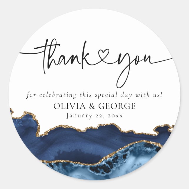 Navy Blue Gold Agate Wedding Thank You Stickers (Front)