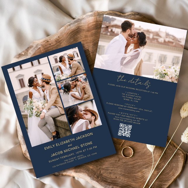 Navy Blue Gold All In One QR Code Photo Wedding Invitation (Creator Uploaded)